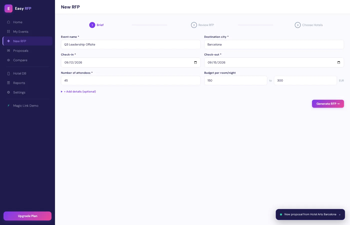 Easy RFP New RFP Wizard -- AI-generated hotel proposals in 3 steps